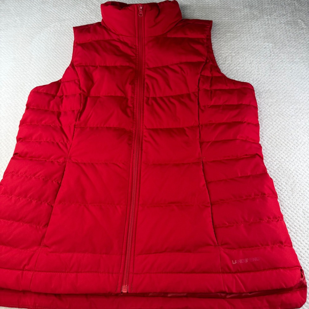 Lands End Red Puffer Vest Womens Medium Tall 600 Fill Down Quilted Full Zip New